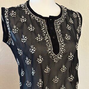 Chikankari Kurti Embellished Sleeveless Top. Black, White.